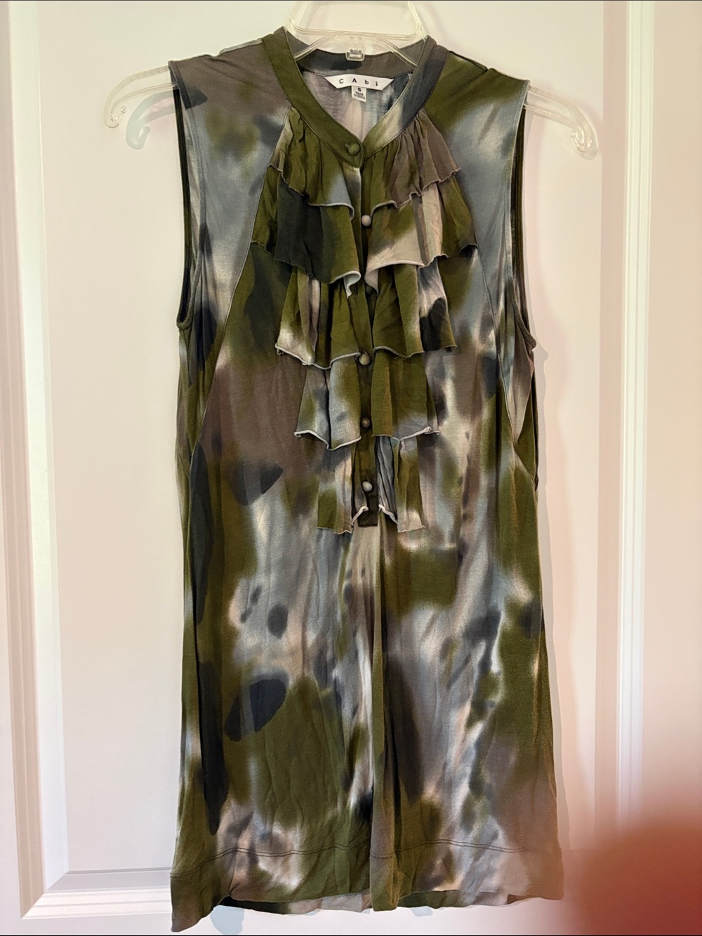 CAbi Olive and Gray Ruffled Front Sleeveless Tee